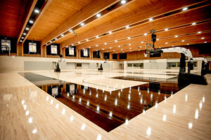 The main basketball courts are shown at the Victory Capital Performance Center in San Antonio, Texas